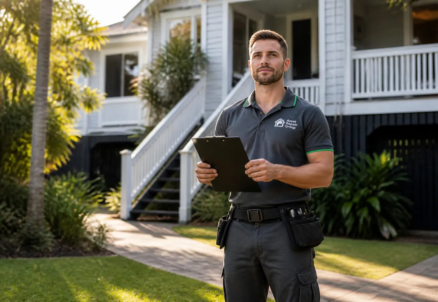 Asset Repair Group builder inspecting a Queenslander home in Brisbane