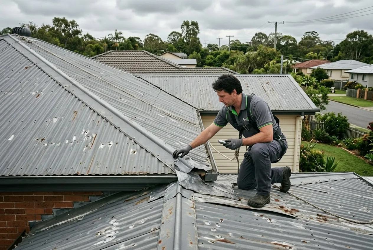 Roof inspection after hail damage on a Queensland property